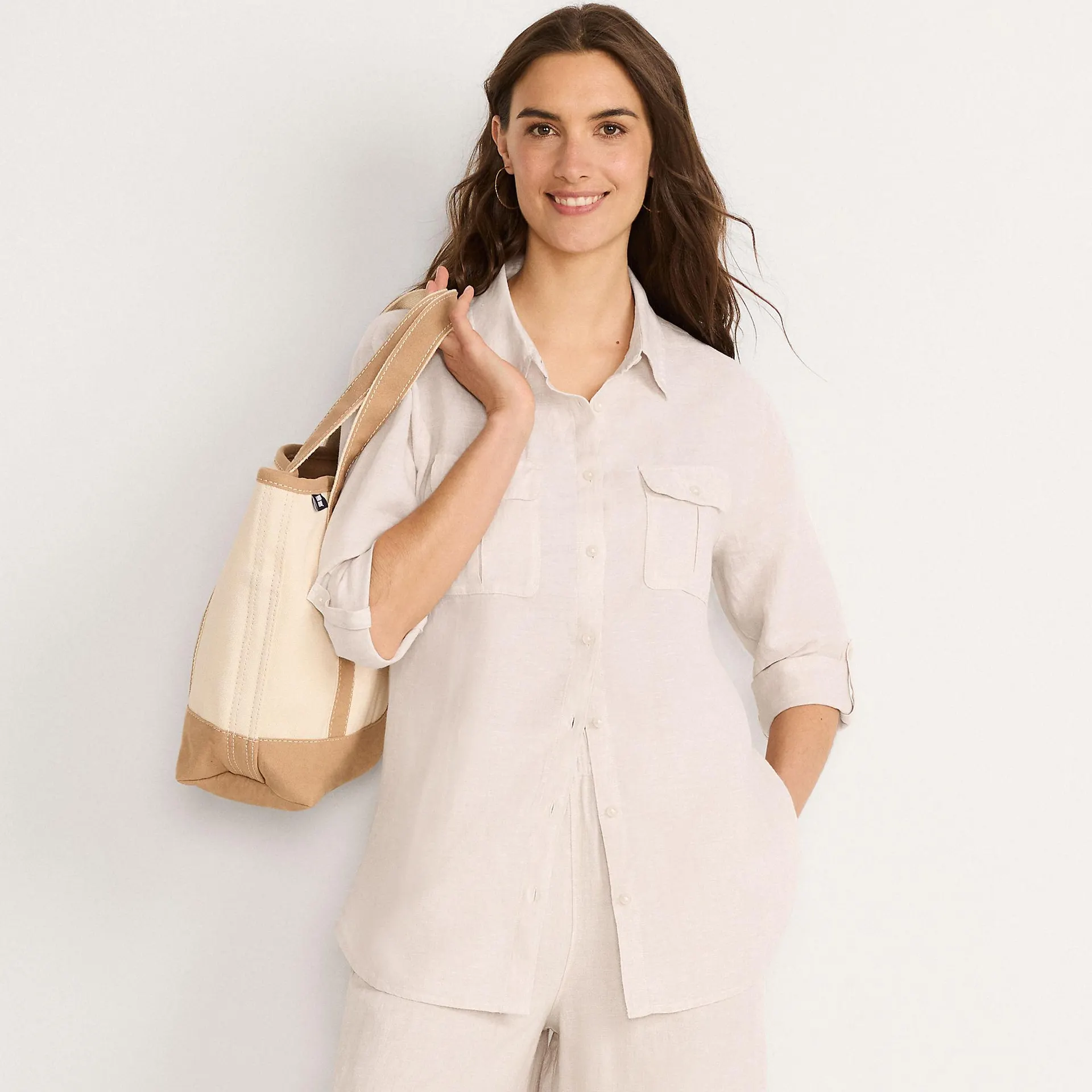 Women's Linen Roll Sleeve Relaxed Tunic Top
