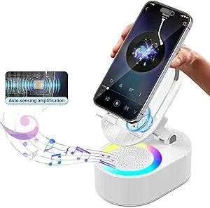 Wireless Induction Audio Bluetooth Speaker 5in1 Phone Holder Emergency Rechargeable (3000mAh) with Colorful Ambient Light 300° Foldable for Tablet iPhone Android, Gifts for Men Women (White)