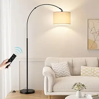 Ambimall 70 Dimmable Arc Floor Lamp with Remote, Color Temperatures and Brightness Adjustable, Arched Floor Lamp with Rotating Head, Over Couch Arched Light for Living Room (Deep Beige and Black)