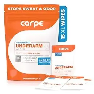 Carpe Antiperspirant Underarm Wipes for Sweat Blocking, Deodorizing, and Cleansing When You’re On the Move - 15 Residue Free, Individually Wrapped Wipes - Clean and Refreshing Scent