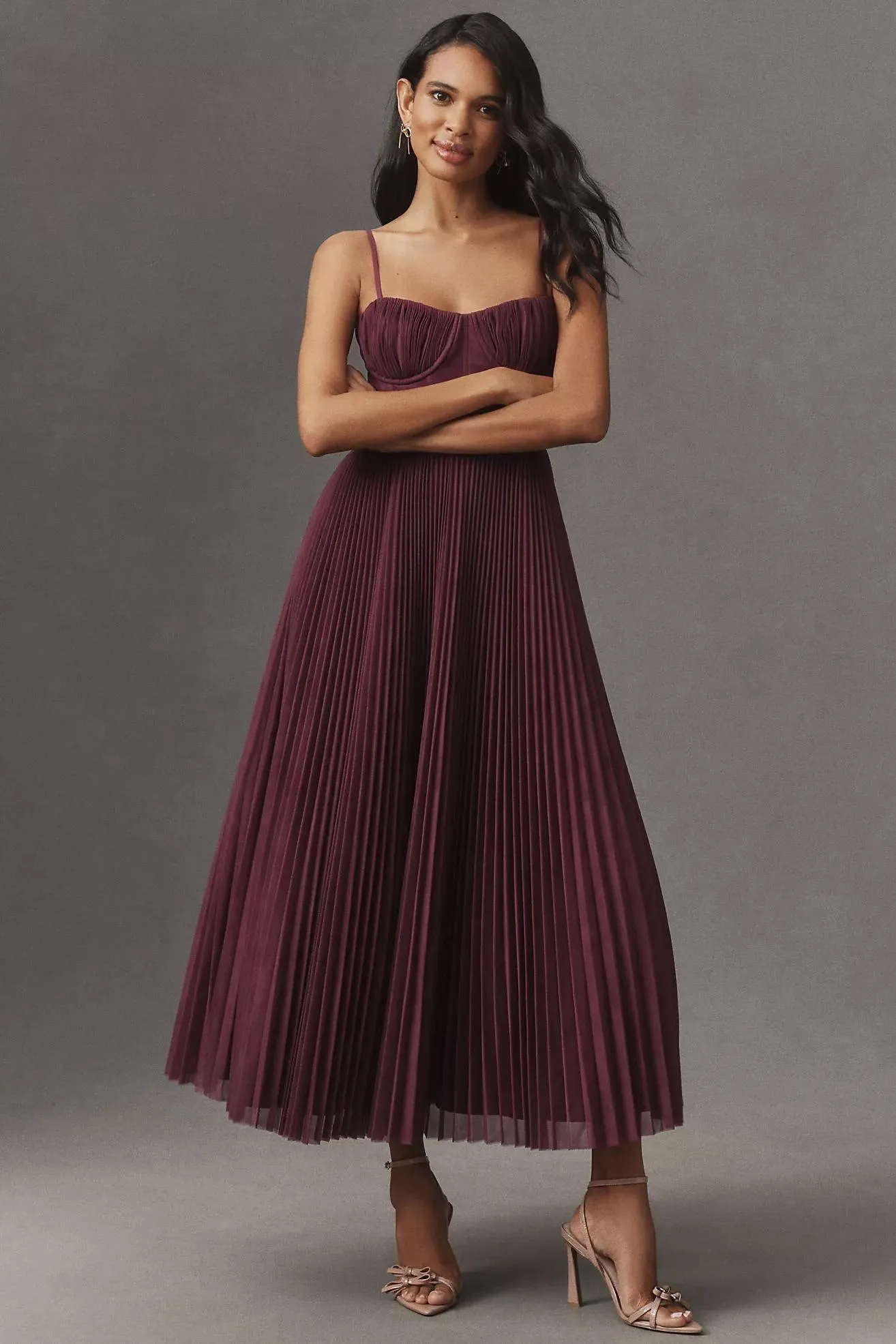 Hutch Amara Corset Pleated Tulle Fit & Flare Midi Dress