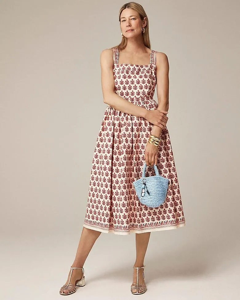 Embroidered apron dress in block print