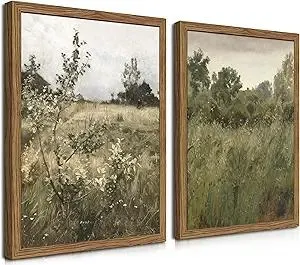 Vintage Landscape Wall Art Set of 2, Green Natural Wilderness Farmhouse Canvas Wall Decor Paintings, Retro Country Wildflower Oil Pictures Posters Prints for Living Room Bedroom 12x16 Inch Wood Framed