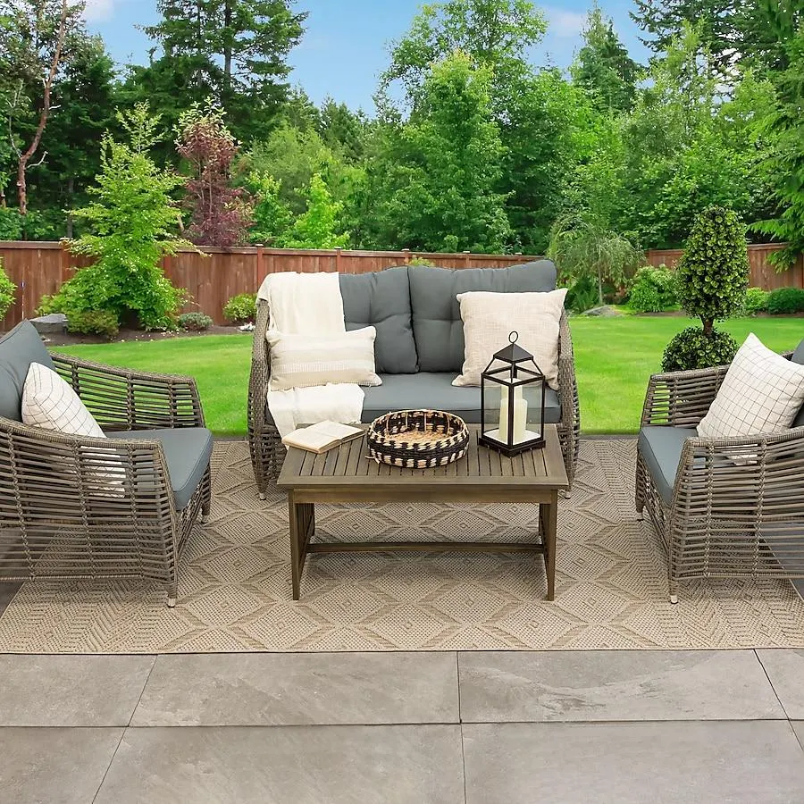 Origin 21 with STAINMASTER Greige 5 x 7 (ft) Loomed Polypropylene Natural Rectangular Outdoor Geometric Area rug