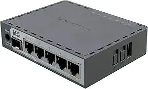 MikroTik hEX S (2025) E60iUGS A compact, affordable wired router featuring a 2.5G SFP port, 5x Gigabit Ethernet, PoE out, USB, and a fast dual-core CPU