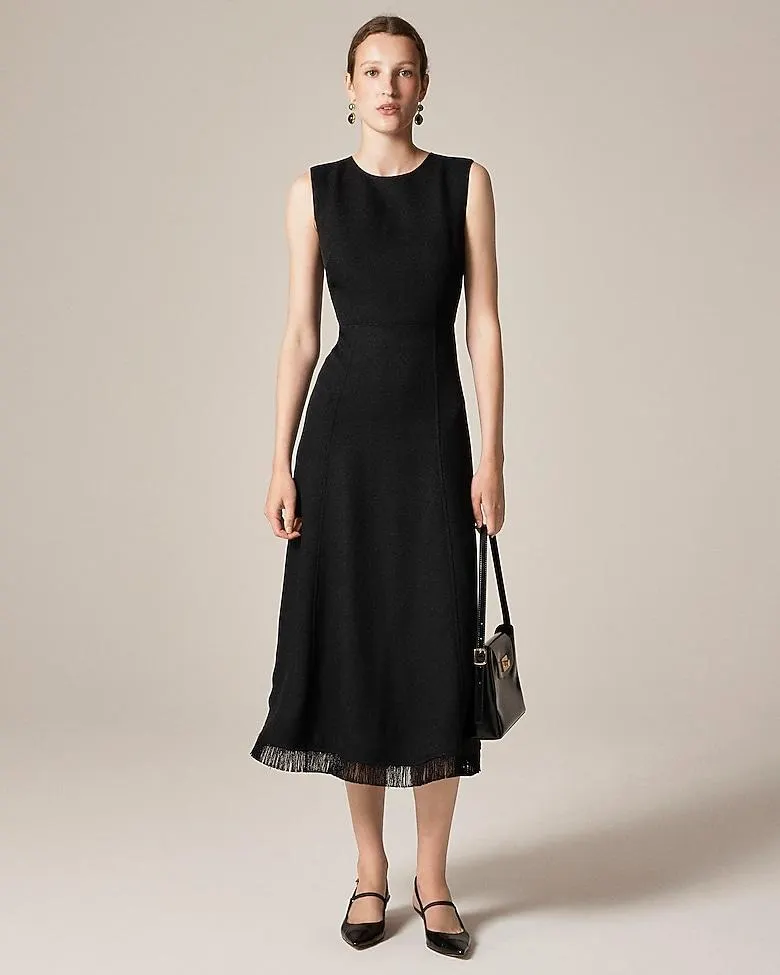 Fringe-trim midi dress in bouclé
