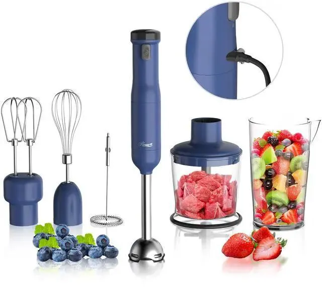 Rosewill 6-in-1 Multi-Speed Cordless Rechargeable Immersion Hand Blender, Heavy Duty Motor - Stick Blender, Beaker, Whisk, Chopper, Dual Beater, Milk Frother - For Smoothies, Baby Food, Soup - Blue