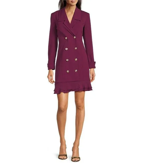 Notch Lapel Collar Long Sleeve Chiffon Flounce Hem Mini Blazer Dress