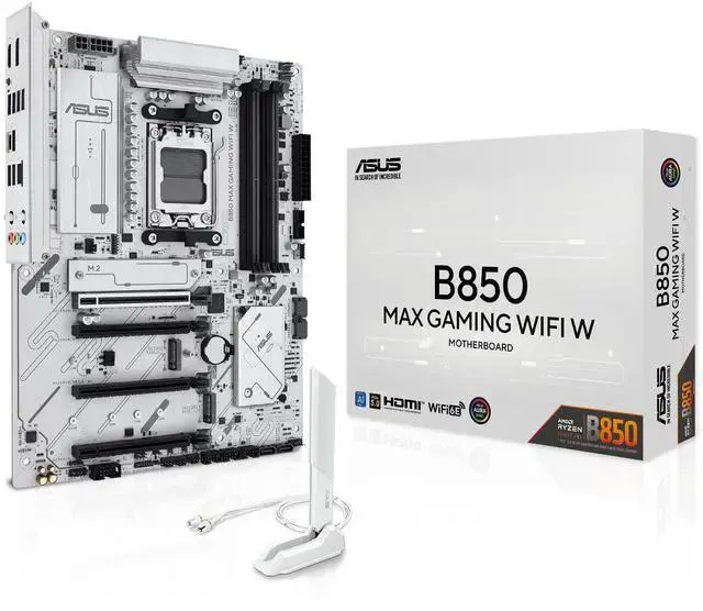 ASUS B850 MAX GAMING WIFI W - AMD AM5 ATX Motherboard, White PCB, DDR5, PCIe 5.0 Ready, 3x M.2, Wi-Fi 6E, 2.5Gb LAN, USB 10Gbps Type-C, DisplayPort, HDMI, BIOS FlashBack, Aura Sync, ASUS AI Advisor