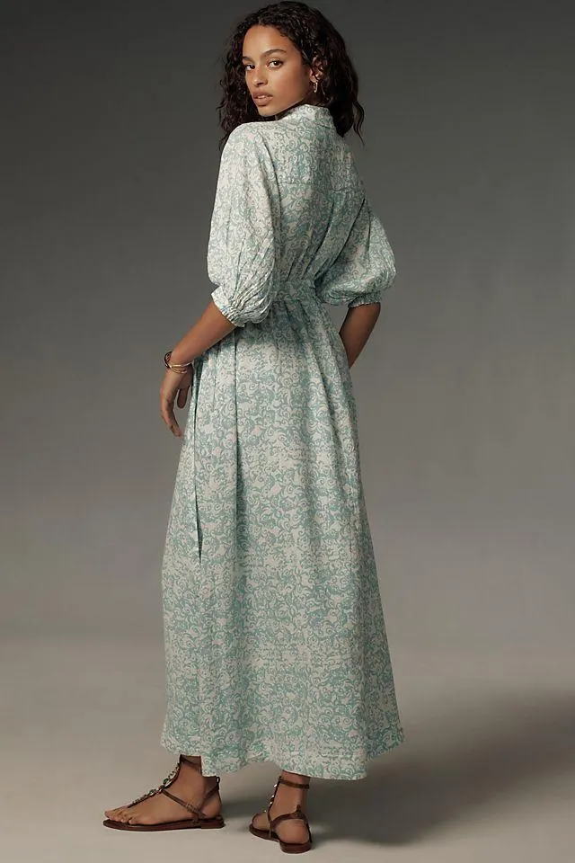 Maeve Linen Button-Front Belted Maxi Shirt Dress