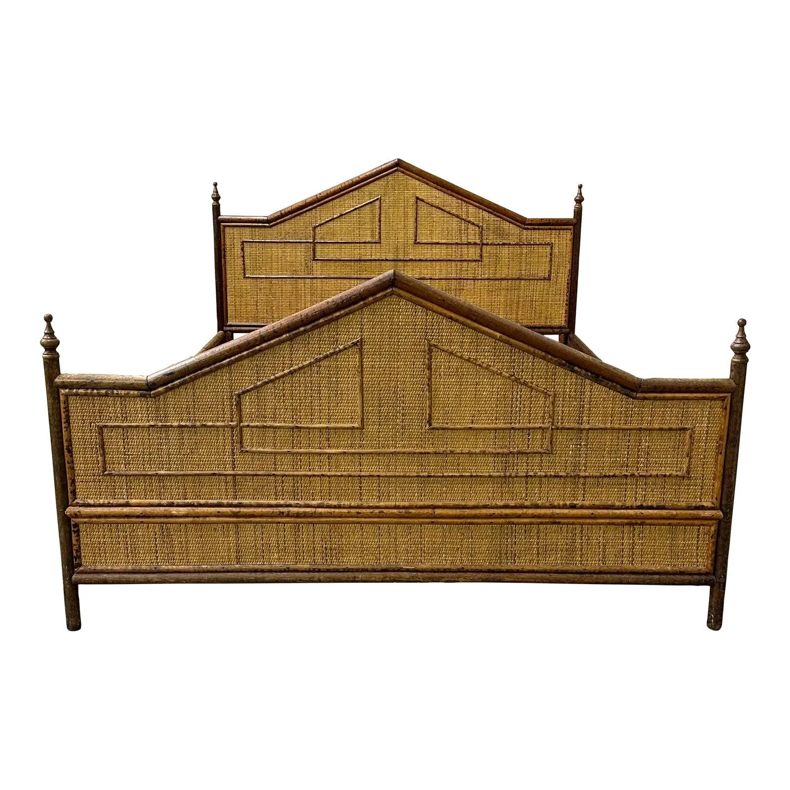 1980s British Colonial Style Burnt Bamboo and Cane Queen Bed Frame