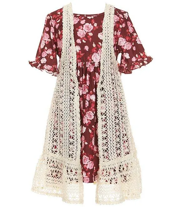 Big Girls Sleeveless Crocheted Cardigan & Short-Sleeve Floral-Printed Fit-And-Flare Dress Set