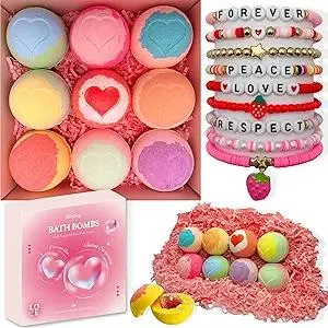Bath Bombs for Kids with Surprise Inside, 9 Heart Imprint Kids Bath Bombs for Girls, Toddler Bath Bomb with Bracelets Inside, 3 4 5 6 7 8 Year Old Girl Birthday Gifts Christmas Stocking Stuffers