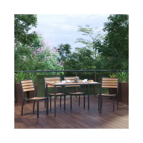 5 Piece Patio Table Set Synthetic Teak Poly Slats 30” x 48” Steel Framed Table with 4 Stackable Faux Teak Chairs