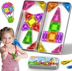 Mini Magnetic Tiles Travel Magnetic Tiles with Iron Box,42PCS Magnet Building Block Set Travel Toys for Kids Ages 3+,Educational Portable Magnet Toys Gifts for Toddlers Boys & Girls Christmas Birthday
