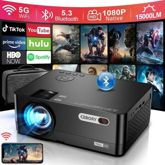 5G WiFi Bluetooth Projector (Projector Screen Included), CEBORY Native 1080P 15000LM 4k Support Movie Projector, 300" Display Full HD Home Theater