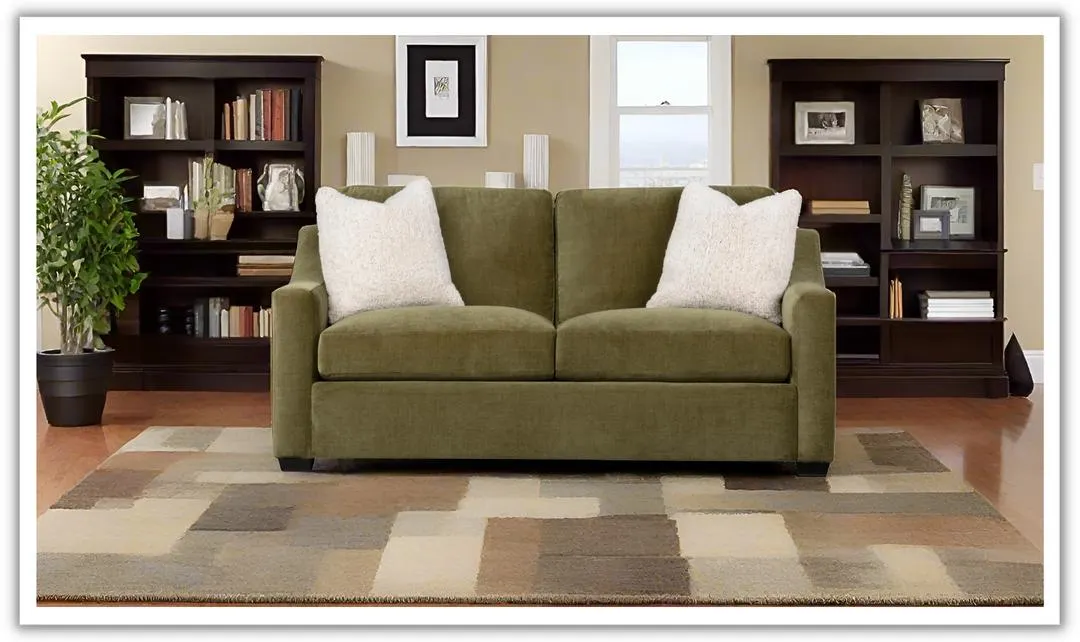 Klaussner Karson Fabric Sofa with Slope Arms in Olive Green
