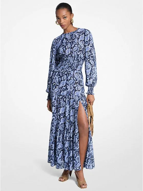 Paisley Print Smocked Georgette Maxi Dress