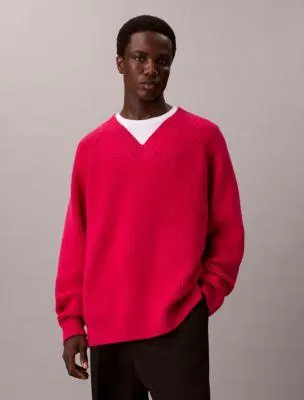 Merino Wool Blend Relaxed V-Neck Sweater