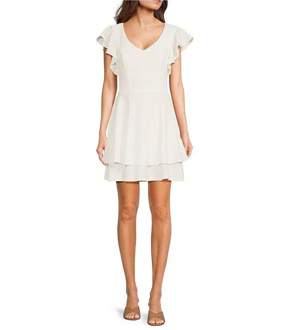 Short Flutter Sleeve V-Neck Back Twist Cut Out Loop And Button Solid Dress