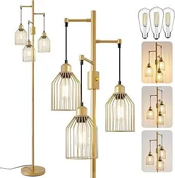 Dimmable Floor Lamp for Living Room, Farmhouse Floor Lamps with Elegant Hanging Cage, 3 x LED Edison Bulbs Included, 68.5" Industrial Standing Light for Bedroom Office Home Decor (Gold)
