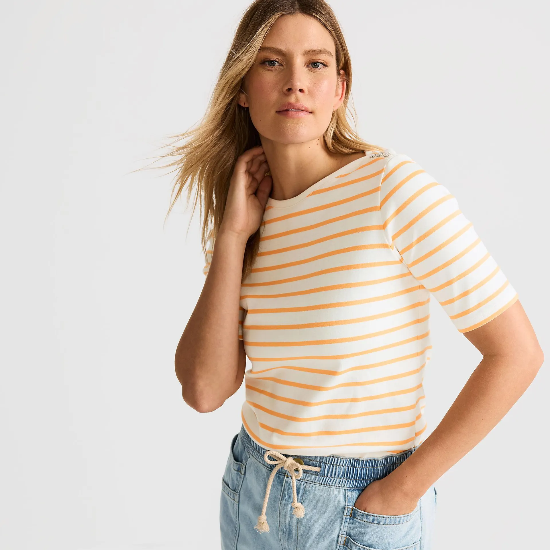 Women's Supima Cotton Elbow Sleeve Boatneck Button Shoulder Tee