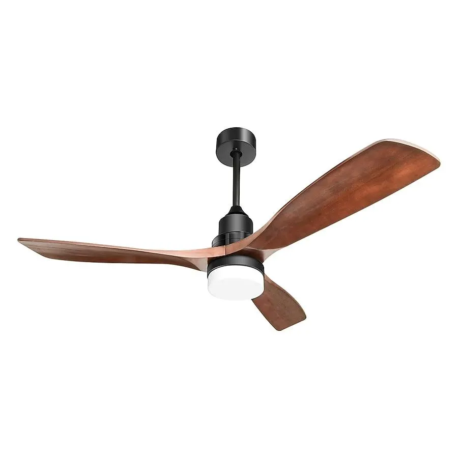 WELLFOR Ceiling Fans 52-Inches Black with Wood Blades Color-Changing Integrated LED Fixture Indoor Downrod mount Propeller Ceiling Fan With Light and Remote ( 3 -Blade)