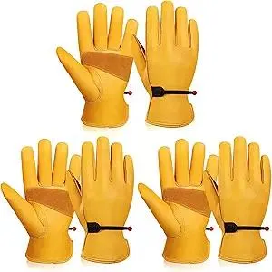 OZERO Leather Work Gloves for Men: Large 3 Pairs Cowhide Working Gloves for Driving Heavy Duty Mechanic Ranch - Women Gardening Glove