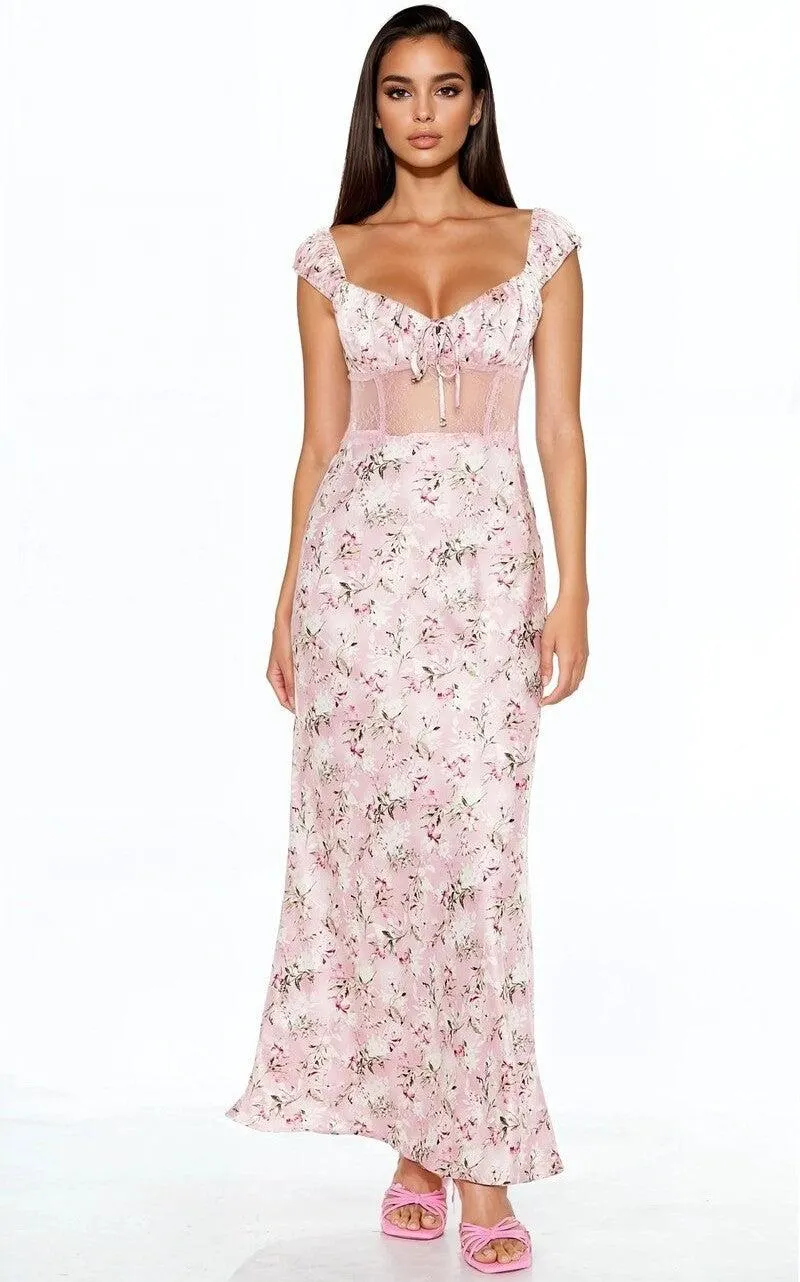 Lace-Trim Satin Floral Maxi Dress