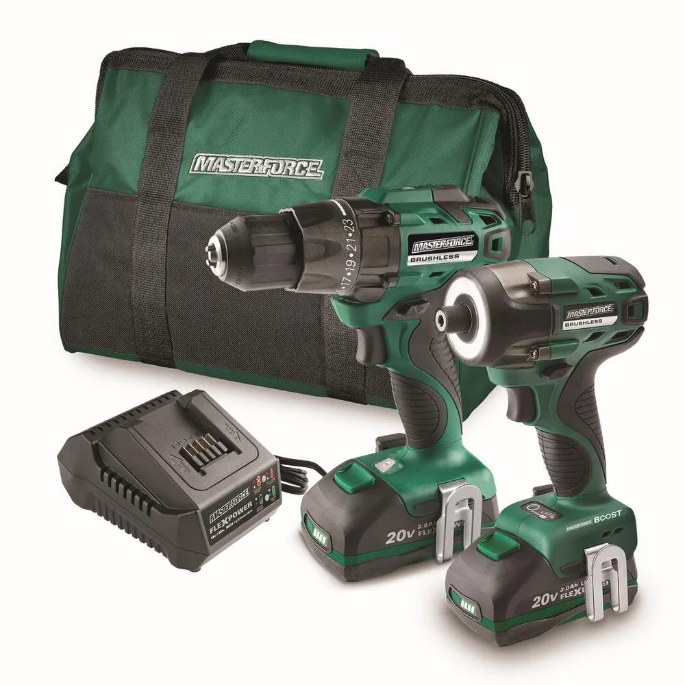 Masterforce® 20-Volt Brushless Cordless 1/2" Drill and 1/4" Impact Driver Combo Kit