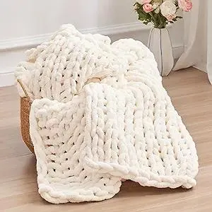 Product Summary: Negwoo Chunky Knit Throw Blanket, 50''*60'' Knitted Throw Chenille Yarn for Bed Couch, Handmade Cream Crochet Big Thick Blanket, Machine Washable Cute Comfy Blanket for Home Decor