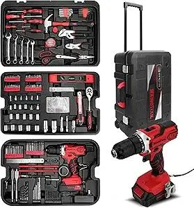 KINGTOOL Home Tool Set Kit - 286 PCS Home Auto Repair Tool Kit with Rolling Tool Box, Mechanic Tool Sets with 21V Max Cordless Power drill, Perfect for Homeowner, Diyer, Handyman