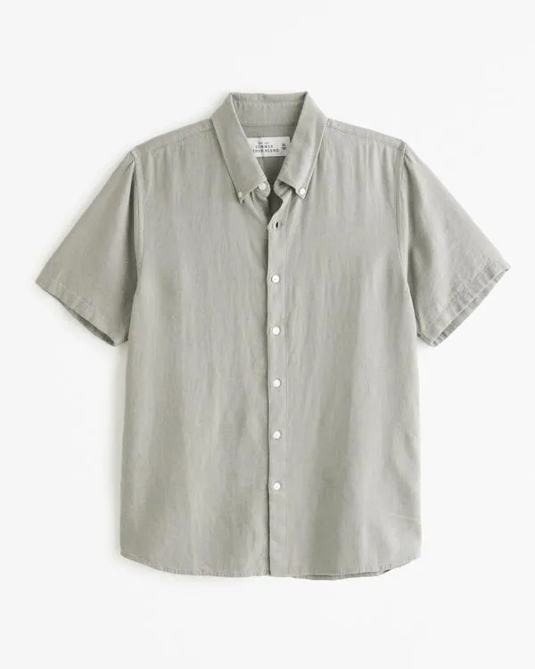 Short-Sleeve Summer Linen-Blend Button-Up Shirt