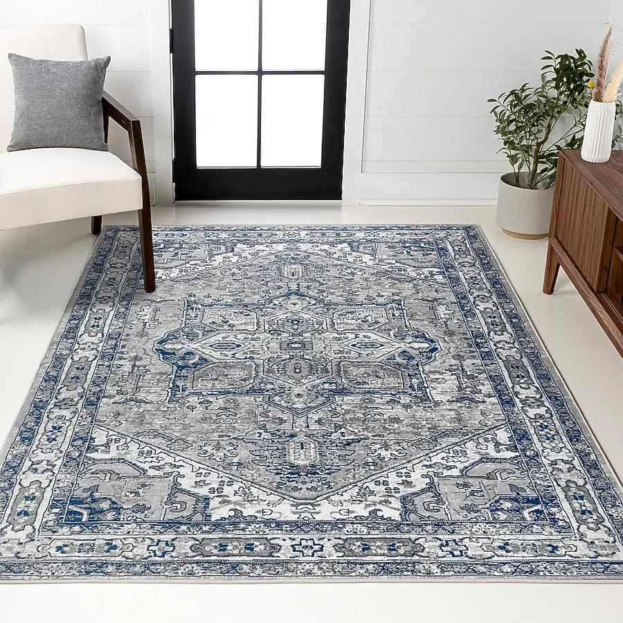 JONATHAN Y MODERN PERSIAN Vintage 8 x 10 (ft) Loomed Light Grey/Navy Rectangular Indoor Medallion Persian Pet Friendly Area rug