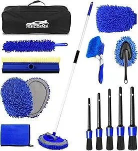 62'' Car Wash Brush Kit Mitt Mop Sponge with Long Handle, 1 Chenille Scratch-Free Replacement Head, Windshield Window Squeegee,Car Duster,Car Detailing Brushes,Tower,Car Cleaning Kit for Cars RV Truck