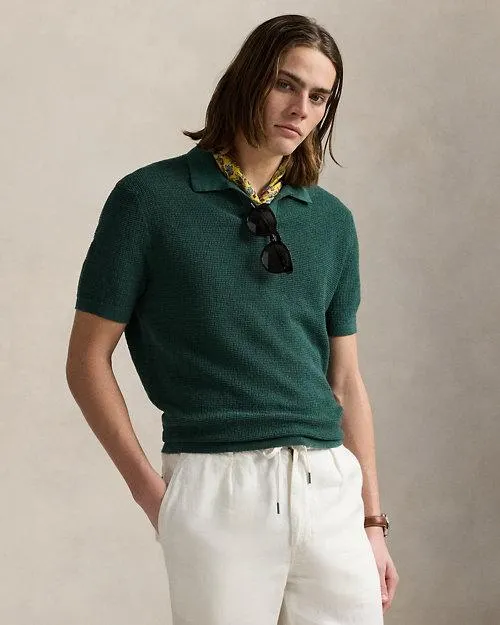 Mesh-Knit Linen Johnny-Collar Sweater