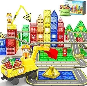 Magnetic Tiles Construction Set with Movable Excavator & Crane, STEM Magnetic Blocks Sensory Toys for Kids 3-5 Girls Boys Toys Age 4-6 6-8, Kids Games Outdoor Toy Birthday Gifts with Car