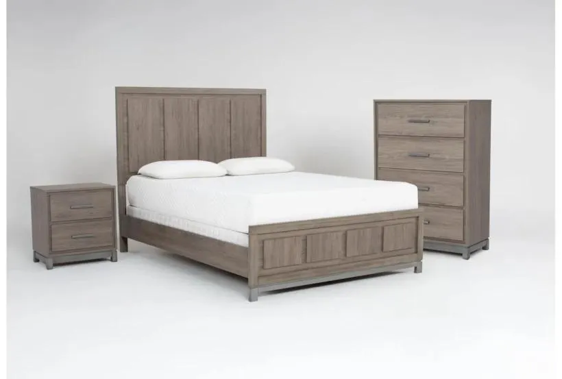 Hendricks Grey Queen Wood 3 Piece Bedroom Set With 4-Drawer Chest & 2-Drawer Nightstand