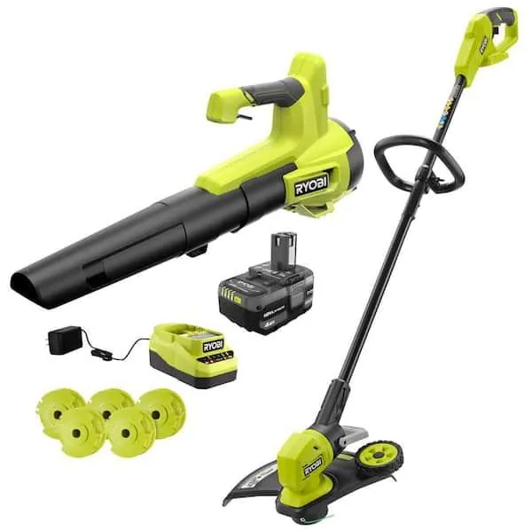 ONE+ 18V Cordless Battery String Trimmer/Edger, Jet Fan Blower Combo Kit, 5 Pack. 080 Line w/ 4.0 Ah Battery and Charger
