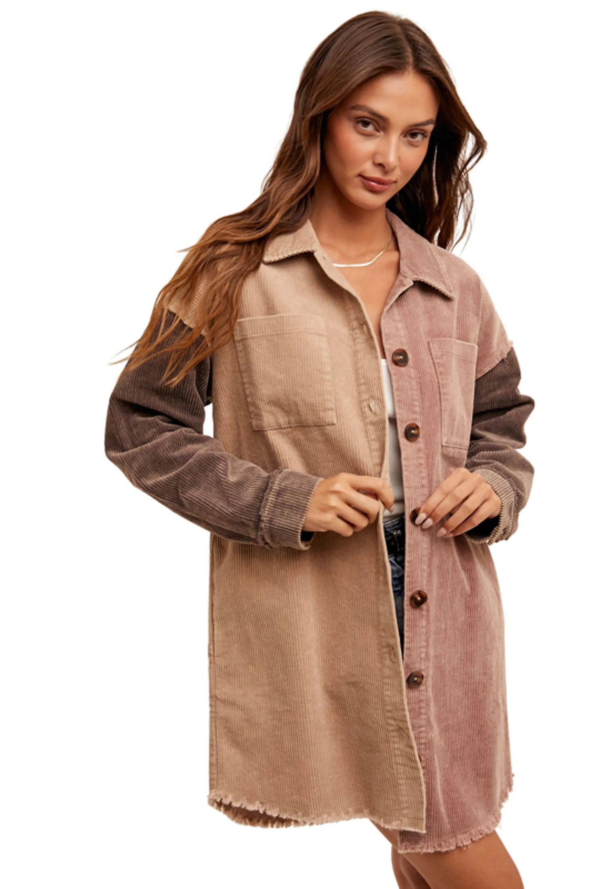 Hem & Thread Women's Mauve, Taupe & Brown Color Block Washed Corduroy Button Down Long Sleeve Shacket