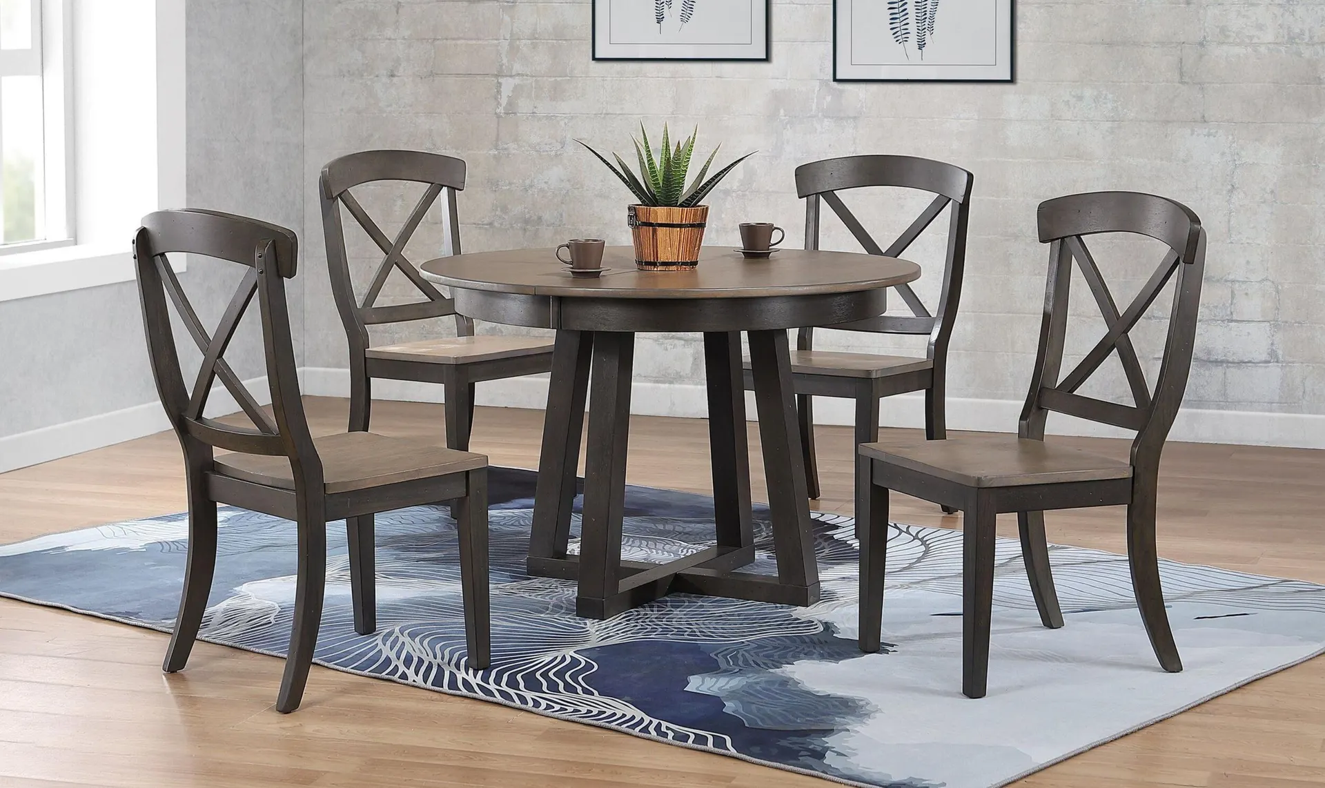 Iconic Furniture Cross Antiqued Grey Stone & Black Stone Transitional X-Back Dining Set