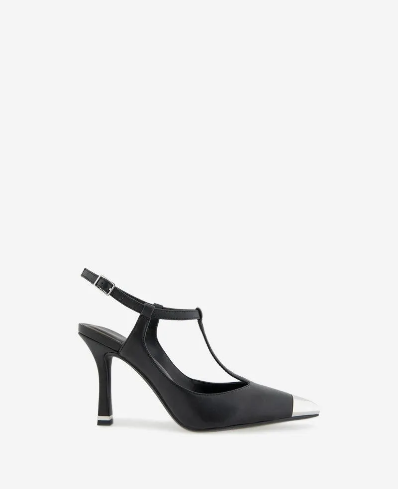 Romi T-Strap Leather Slingback Heel - BLACK LEATHER