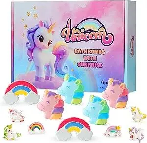 Rainbow Unicorn Bath Bombs Gift Set,6 Pcs Natural Handmade Bathbomb with Toys Surprise Inside for Girls Boys for Kids, Organic Bath Bomb for Christmas or Birthday Gift