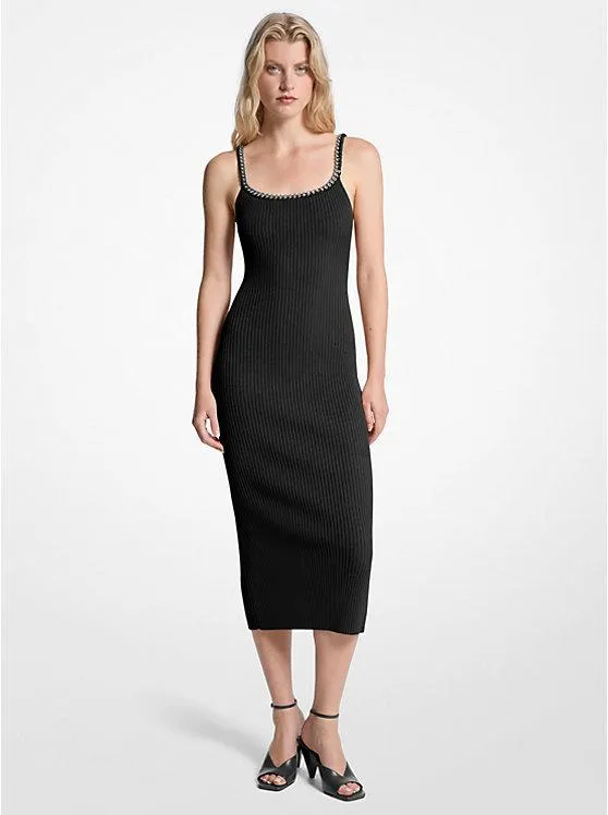 Chain Ribbed Stretch Knit Midi Dress