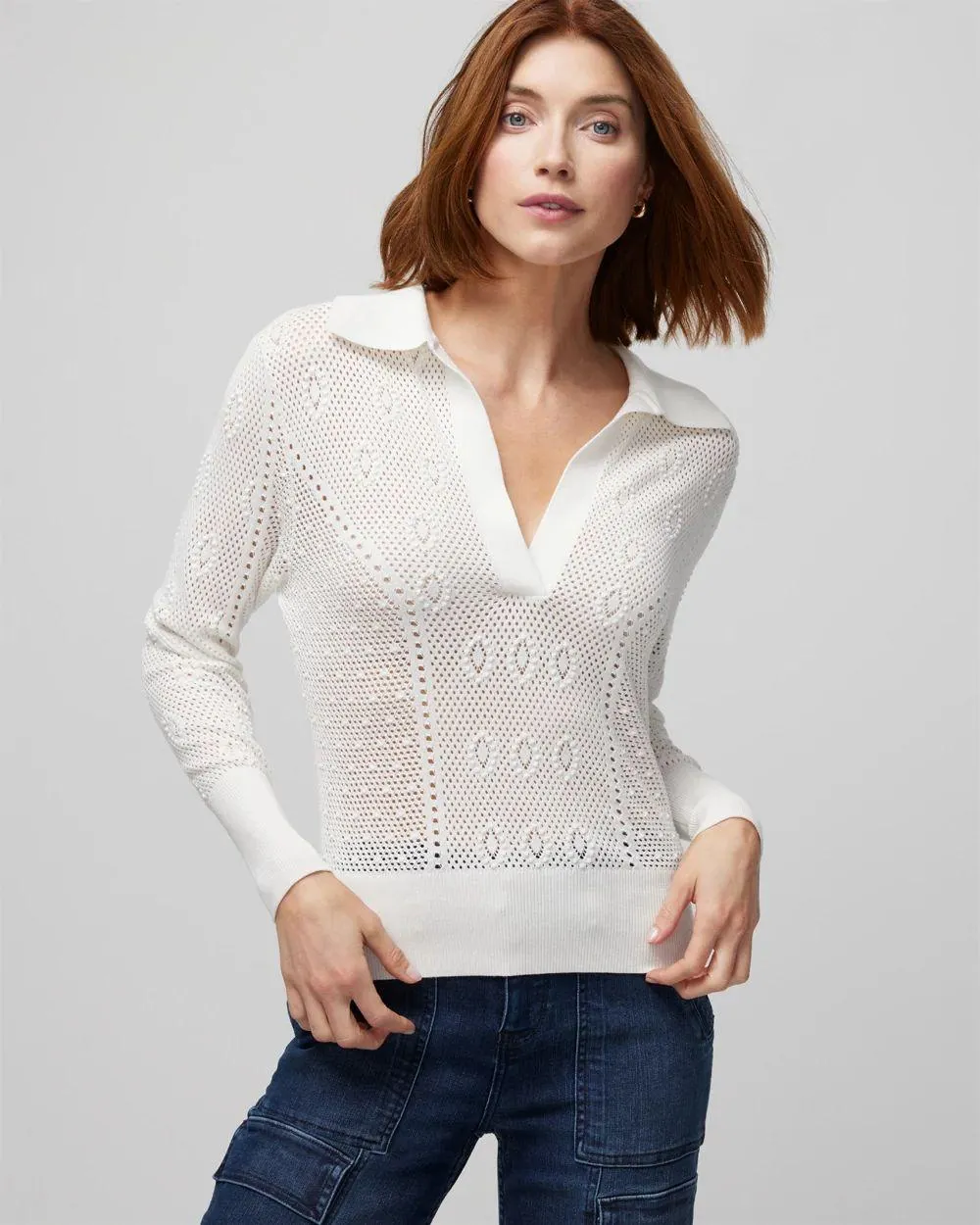 Stitchy V-Neck Polo Collar Pullover