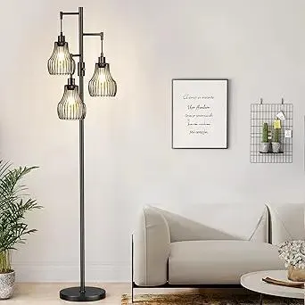 Dimmable Floor Lamp, 3 x 800LM LED Edison Bulbs Included, Farmhouse Industrial Floor Lamp Standing Tree Lamp with Elegant Cage Tall Lamps for Living Room Bedroom Office - Black