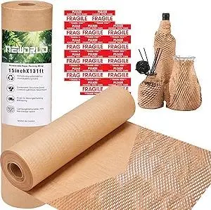 Neworld Honeycomb Packing Paper,15" x 131' Eco Friendly Bubble Cushioning Wrap for Moving,Products & Gifts Wrapping Paper,Recyclable Cushioning Packing Material With 20 Fragile Sticker Labels