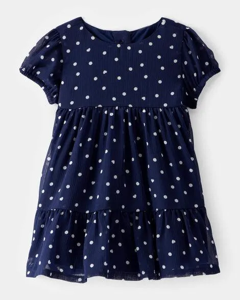 Baby Polka Dot Chiffon Crinkle Short-Sleeve Dress - Navy