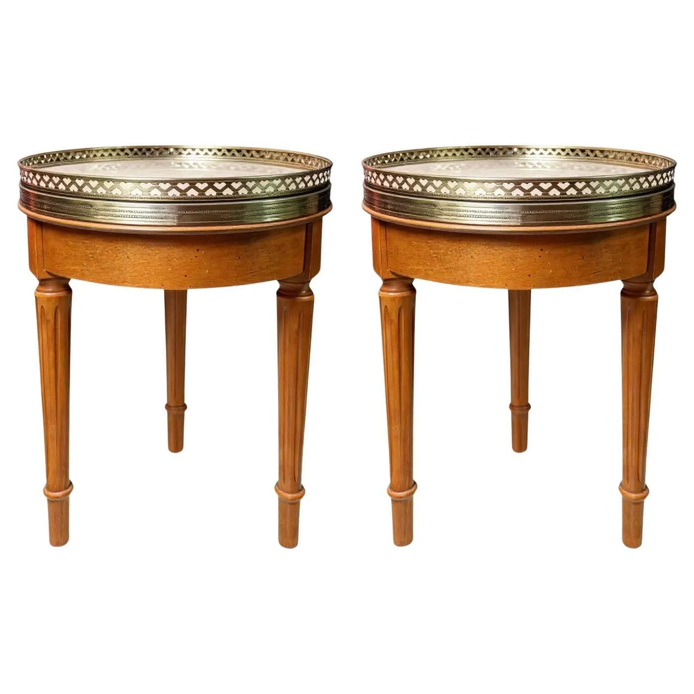 Mid-Century French Style Fruitwood, Brass & Travertine Drinks Tables - Pair