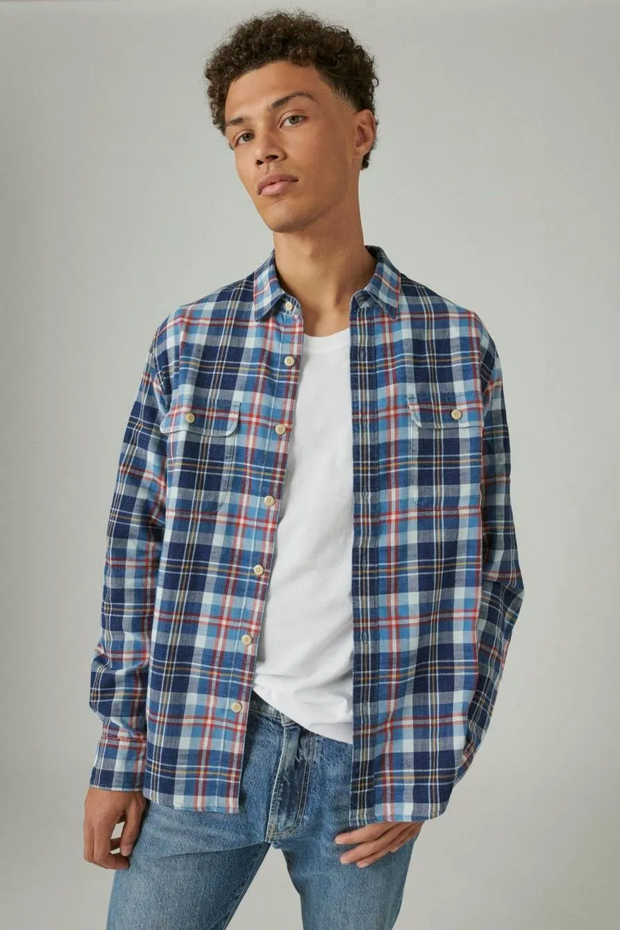 plaid indigo long sleeve utility shirt